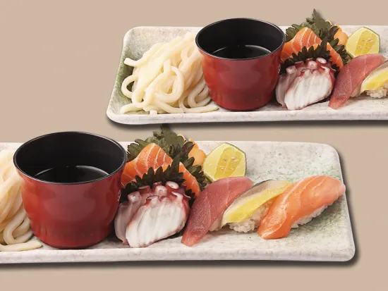 Mỳ Udon Đặc Biệt Với Sushi Và Sashimi Tổng Hợp - 握り寿司と刺身の盛り合わせ。稲庭うどんつき